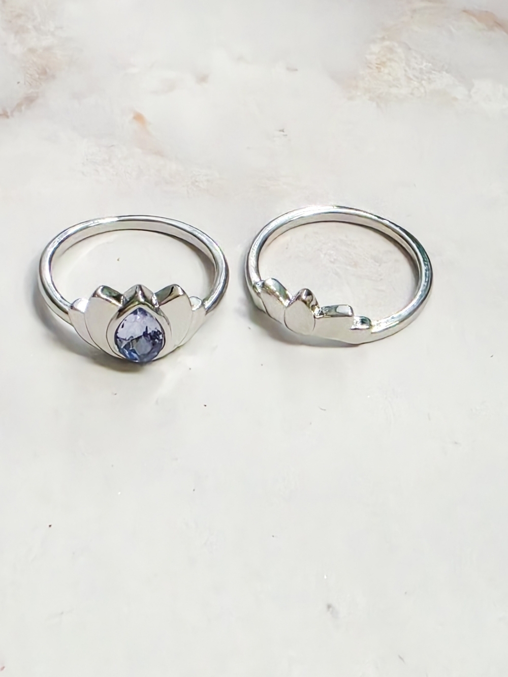 Boho Silvery Lotus Flower Ring Set | Blue Water Drop Crystal Size 8 - Picture 6 of 12